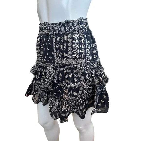 Free People Melissa Muslin Cotton Black & Beige Paisley Tiered Mini Skirt XS - Picture 6 of 11